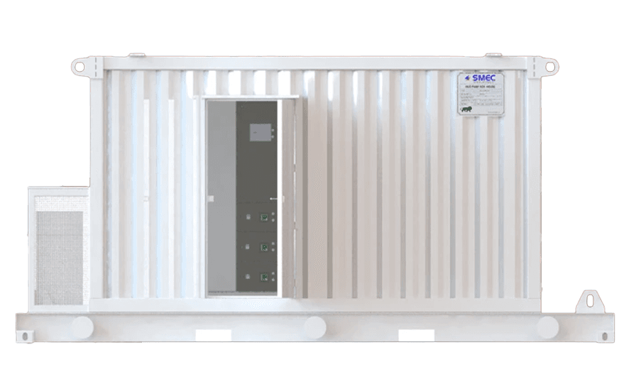 A white SMEC power house container with its door open on the drive panels inside and the SMEC nameplate on its side
