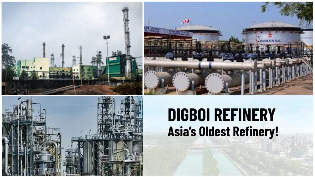 Three photographs of Digboi Refinery’s process units, storage tanks and pipework, captioned “Digboi Refinery: Asia’s oldest refinery”