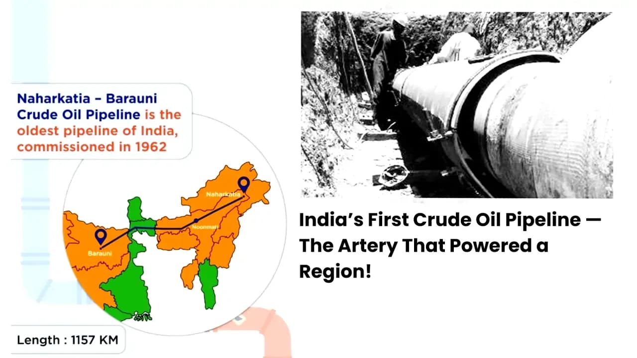 A map of the Naharkatia–Noonmati–Barauni crude oil pipeline across north-east India beside a photograph of pipe being laid, captioned “India’s first crude oil pipeline”