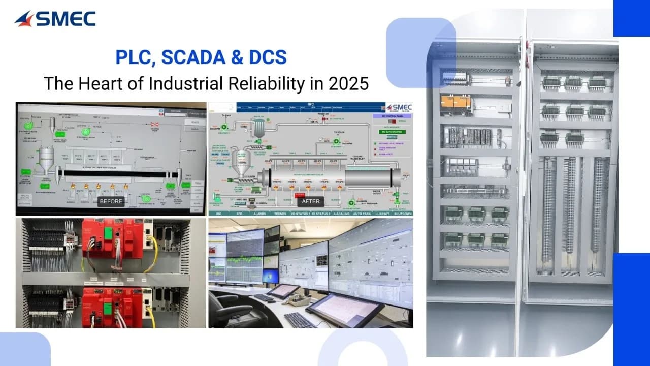 SMEC graphic titled “PLC, SCADA & DCS: the heart of industrial reliability in 2025”, with HMI screens and open control panels