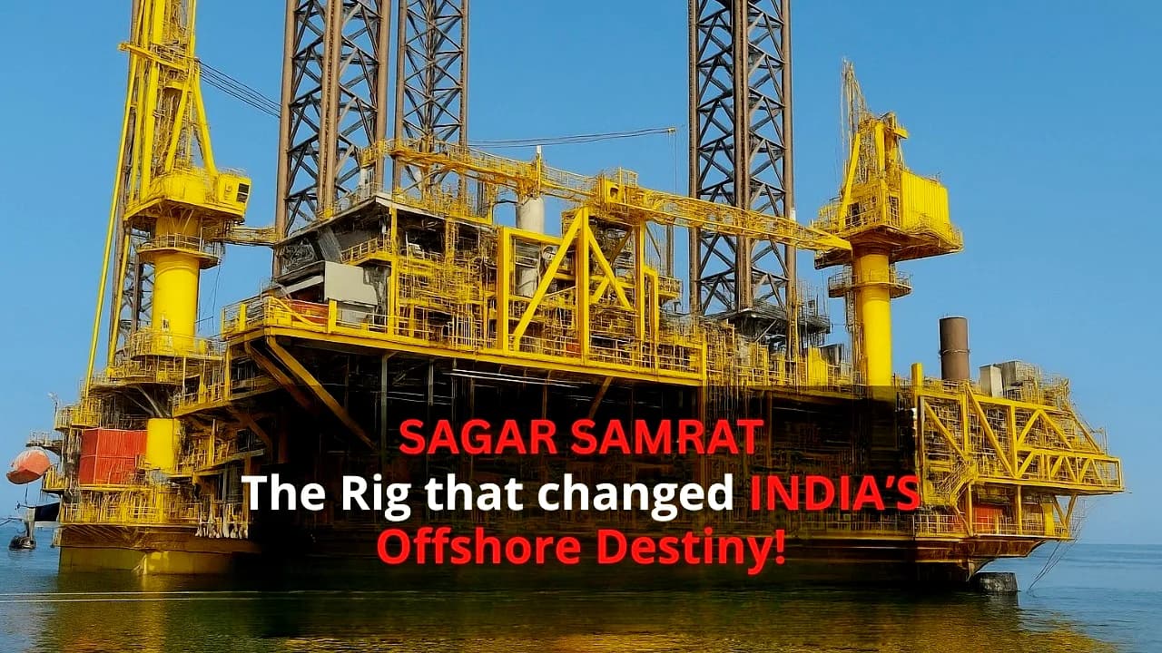 The Sagar Samrat drilling rig at sea, captioned “Sagar Samrat: the rig that changed India’s offshore destiny”