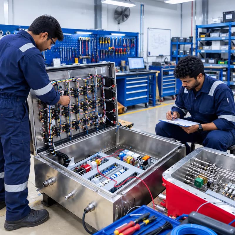 Two technicians in SMEC coveralls wiring a stainless-steel junction box, one taking notes on a clipboard