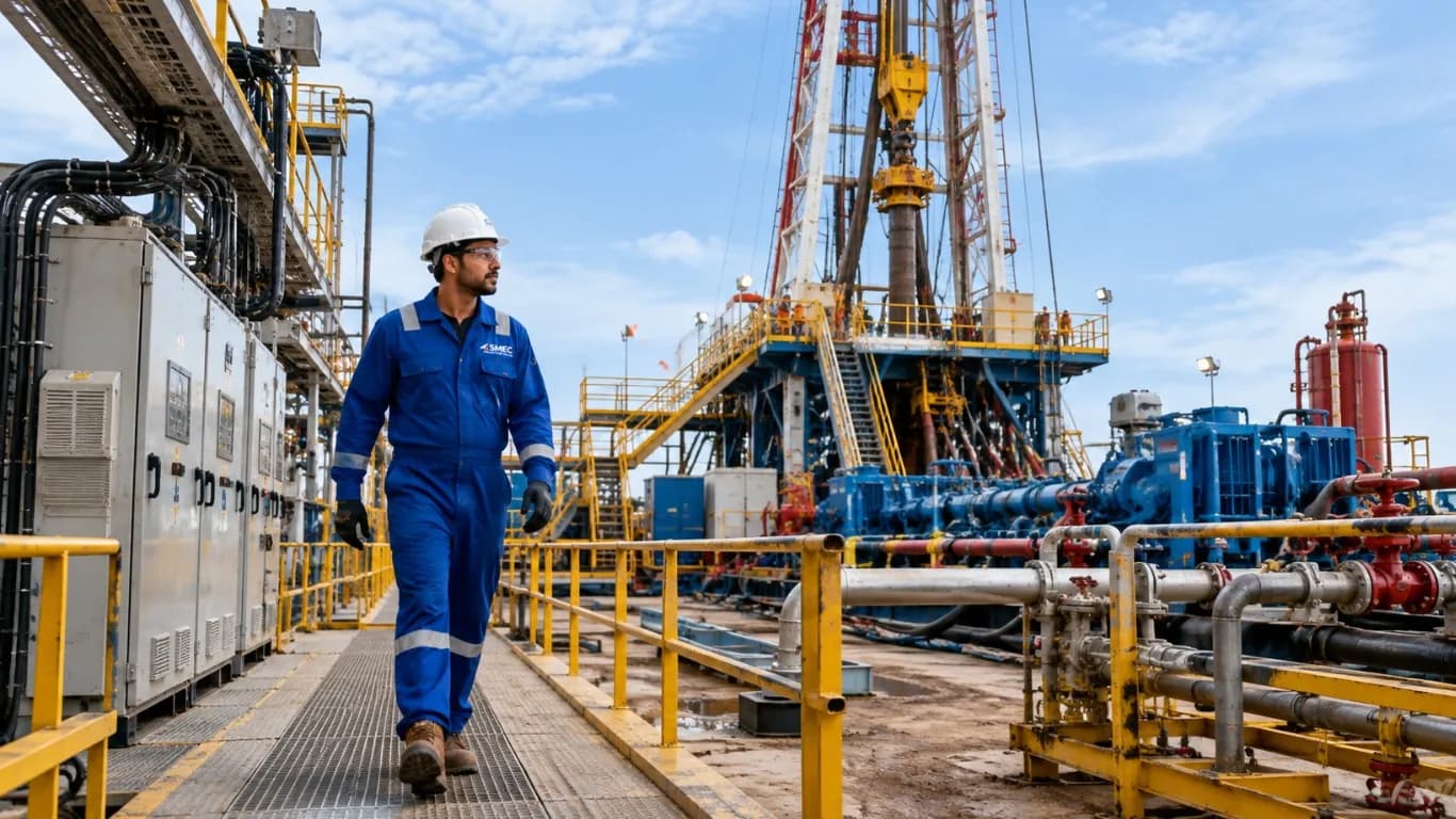 An engineer in SMEC coveralls and a hard hat walking along a land rig walkway, past electrical enclosures towards the derrick