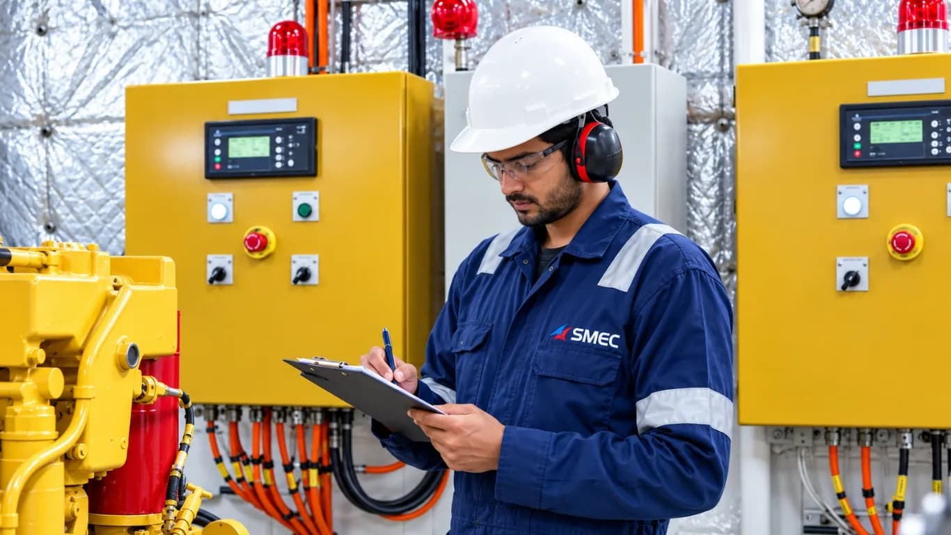 An engineer in an SMEC hard hat and ear defenders filling in a checklist beside yellow control panels