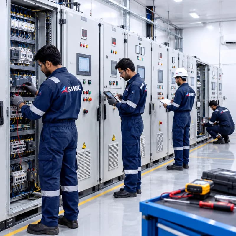 SMEC technicians testing a row of electrical panels, one with a tablet and one kneeling by an open cabinet