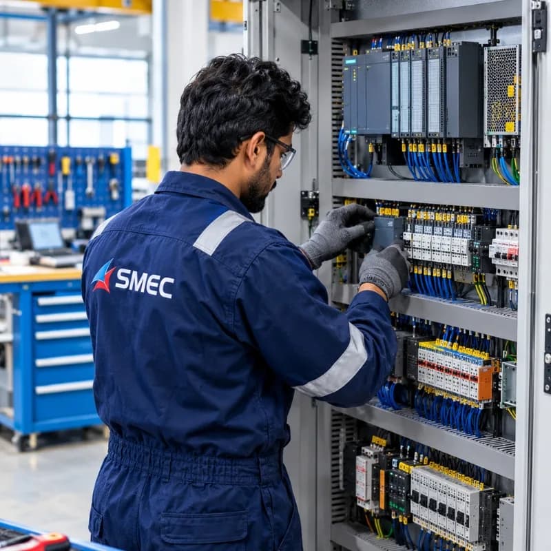 An engineer in SMEC coveralls and work gloves wiring terminal blocks inside an open control cabinet, below a row of PLC modules, with tool chests in the workshop behind him