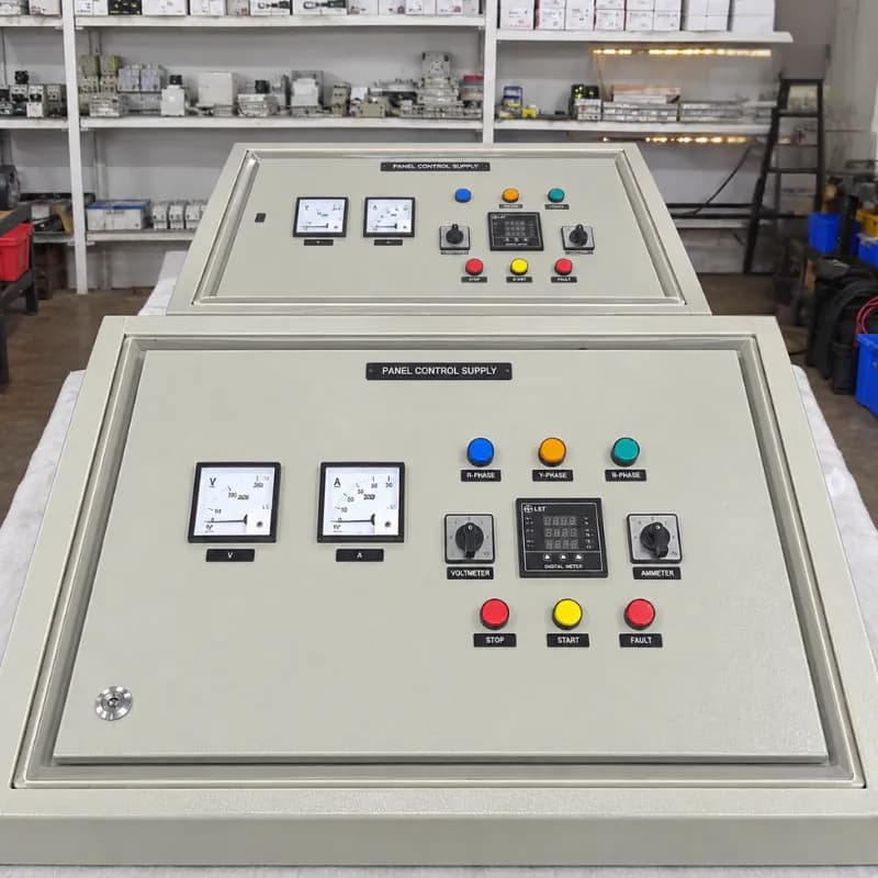 A grey control desk with two analogue meters, a digital meter, selector switches and coloured push buttons, in a workshop