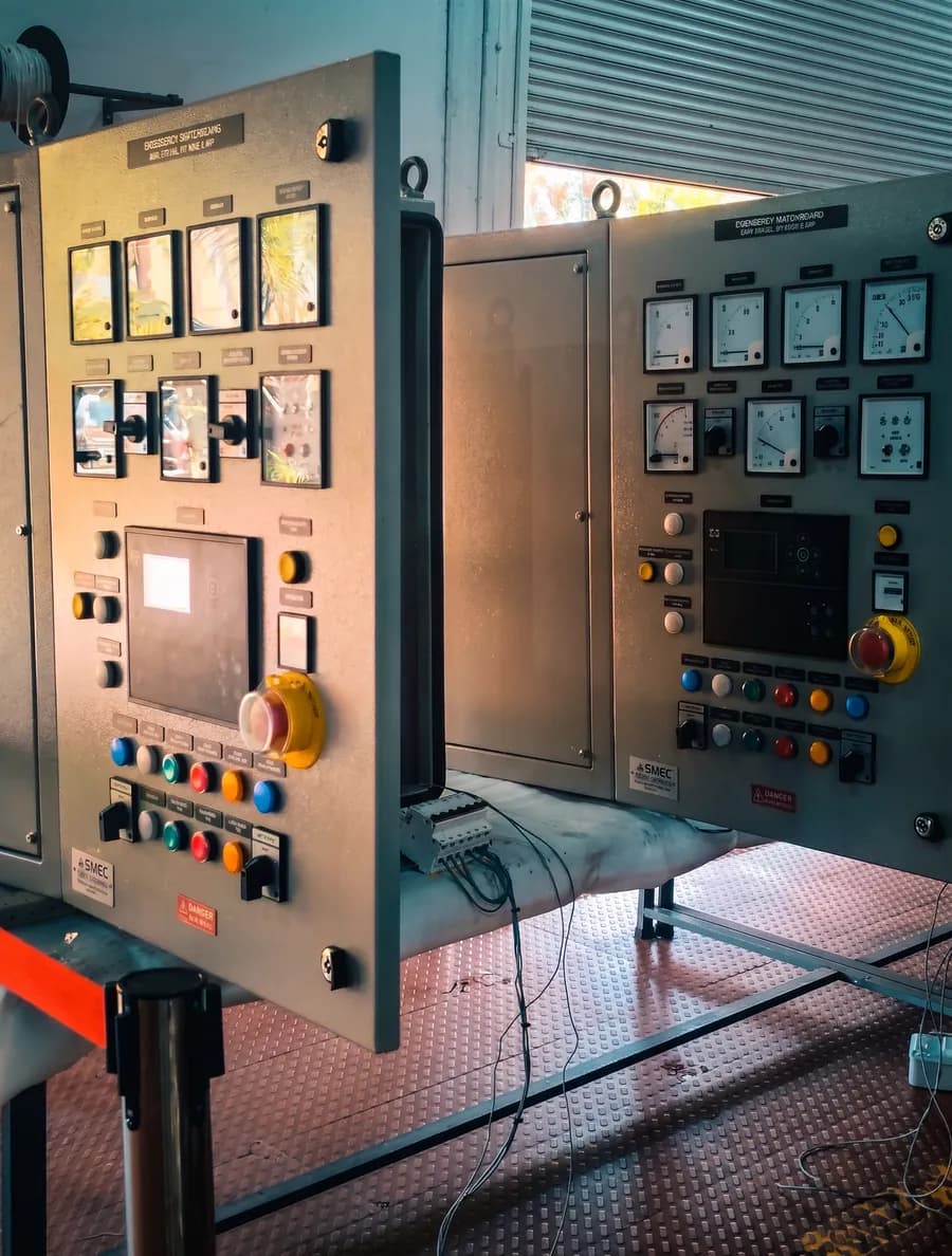 Two emergency switchboard panels with analogue meters, selector switches and indicator lamps, standing on a workshop floor