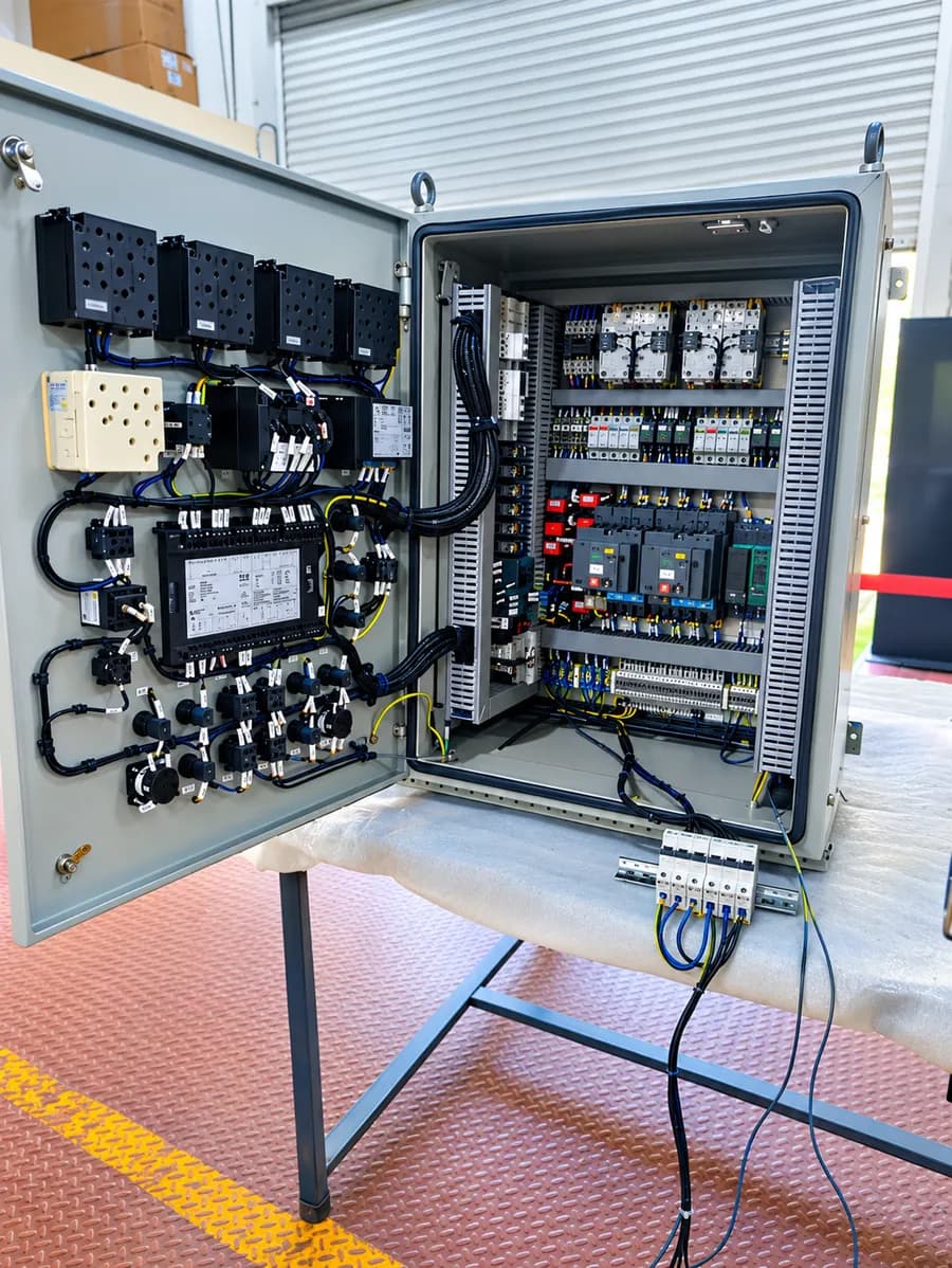 A control panel on a workshop stand with its door open, showing contactors, relays, terminals and wiring inside