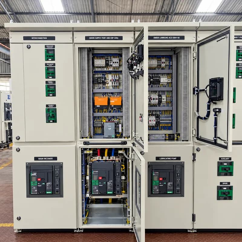 A line-up of switchboard panels with doors open on their circuit breakers, busbars and control wiring