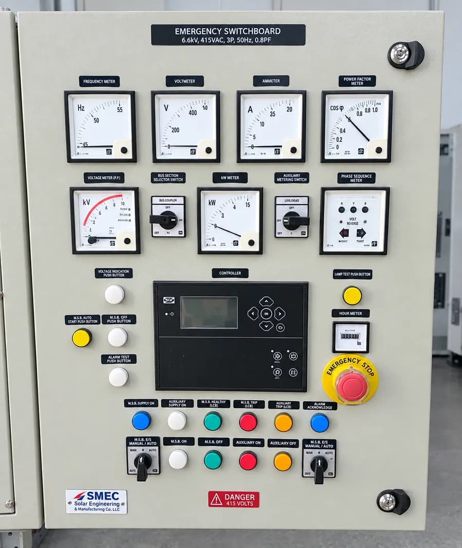 The front of an SMEC emergency switchboard: rows of analogue meters, a controller display, selector switches and an emergency stop button