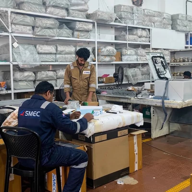 Two technicians, one in SMEC coveralls, working at a bench in a workshop stocked with wrapped parts