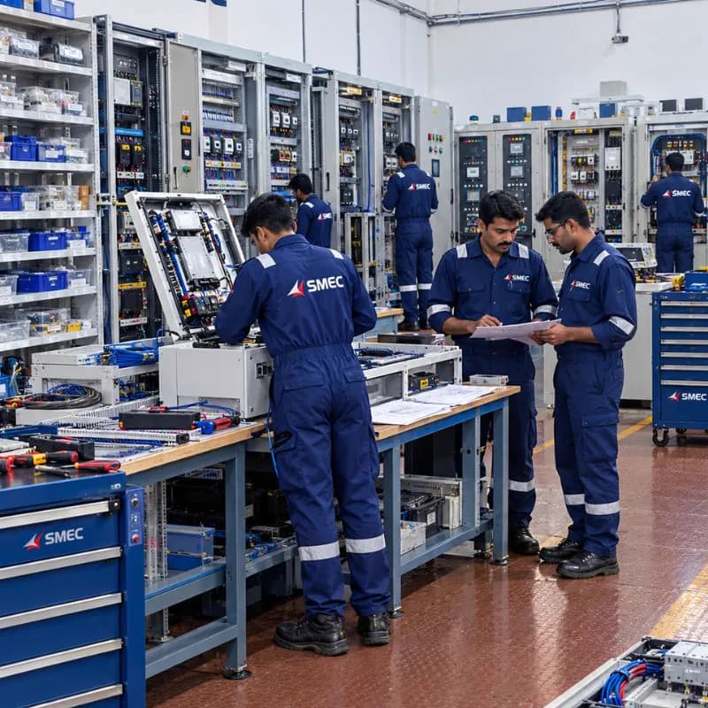 Technicians in SMEC coveralls at workbenches in a panel workshop, two of them reviewing a document together