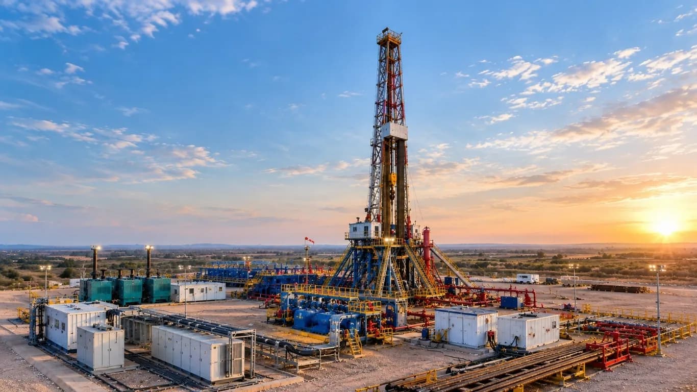 A land drilling rig with its equipment containers on a desert site at sunset