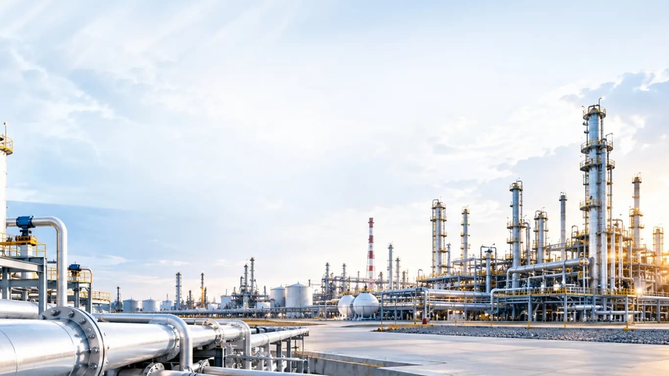 Large pipelines running towards a processing plant under a clear sky