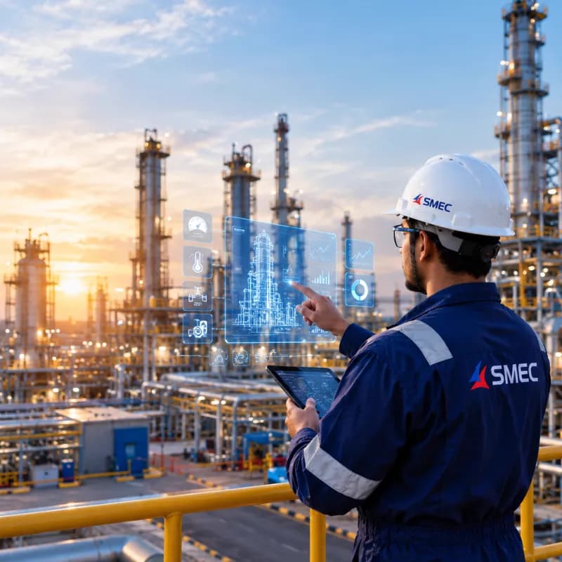 An engineer in SMEC coveralls holding a tablet in front of refinery columns at sunset, with a projected data display