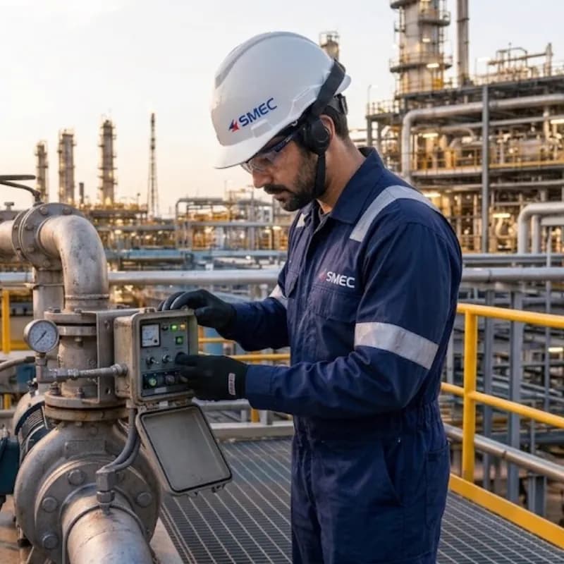 An engineer in SMEC coveralls and hard hat checking the control unit of a valve actuator on a plant platform
