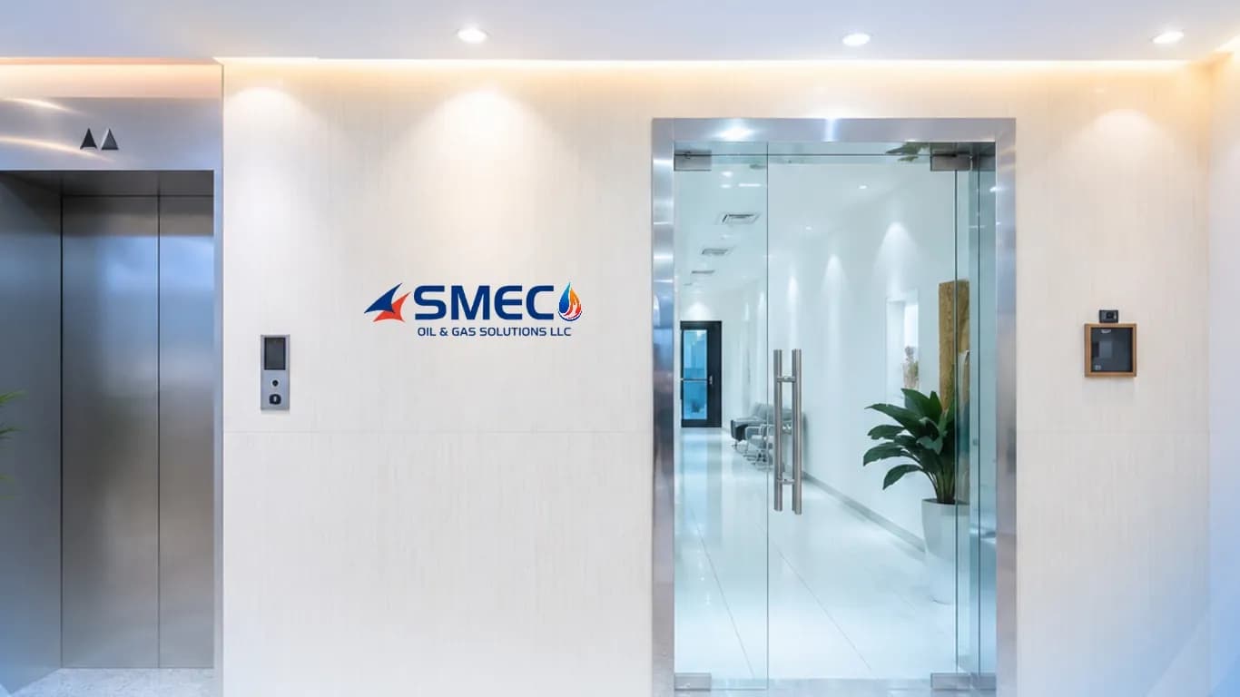Office reception wall bearing the SMEC Oil & Gas Solutions LLC logo, between a lift and glass entrance doors