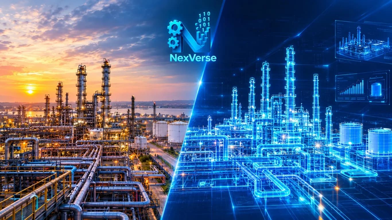 A processing plant at sunset beside its glowing blue wireframe digital twin, under the NexVerse logo