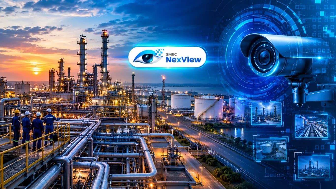 Engineers on a plant walkway at dusk, with a security camera, video tiles and the NexView logo overlaid