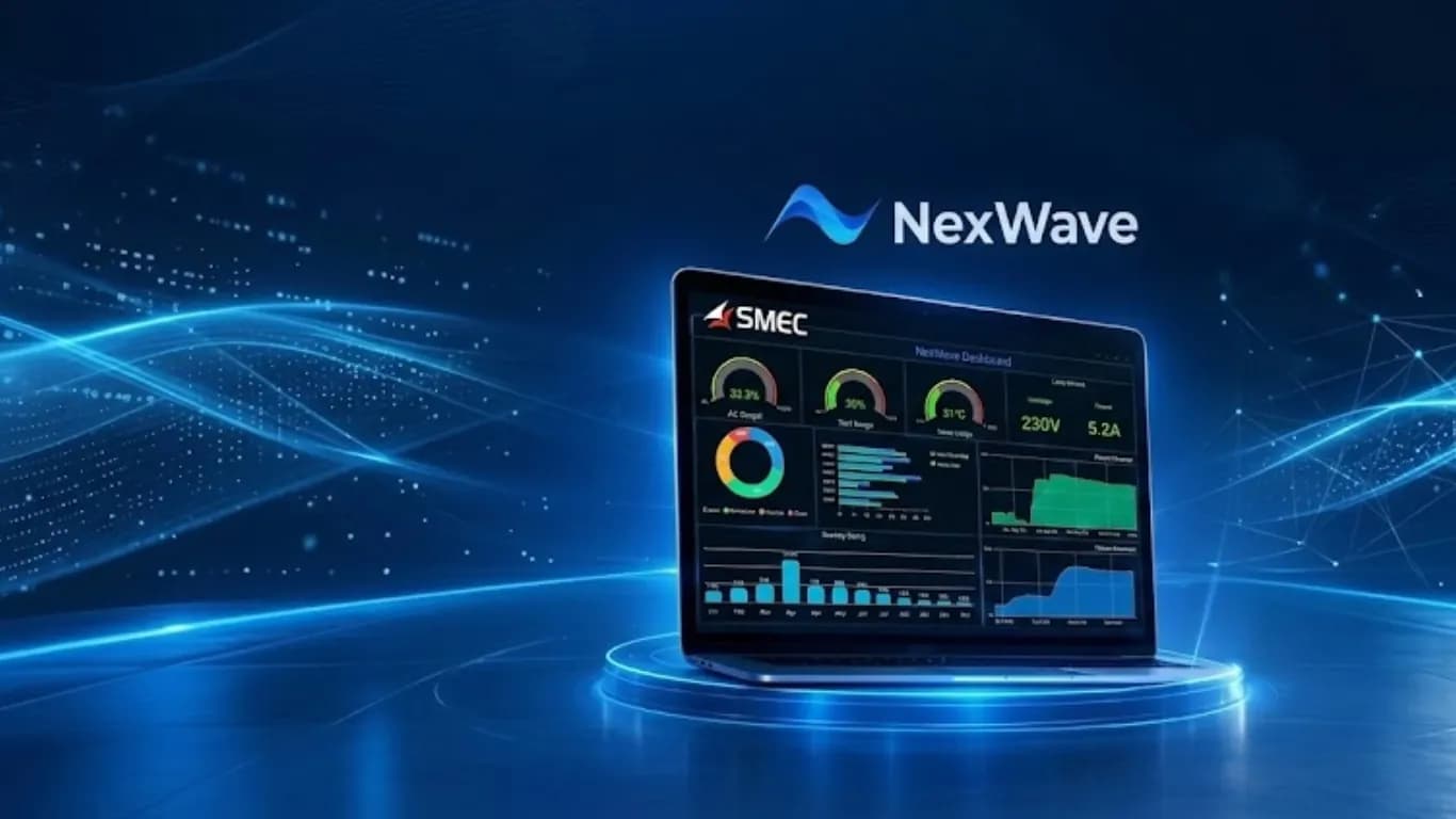 NexWave logo above a laptop showing an SMEC monitoring dashboard of gauges and charts