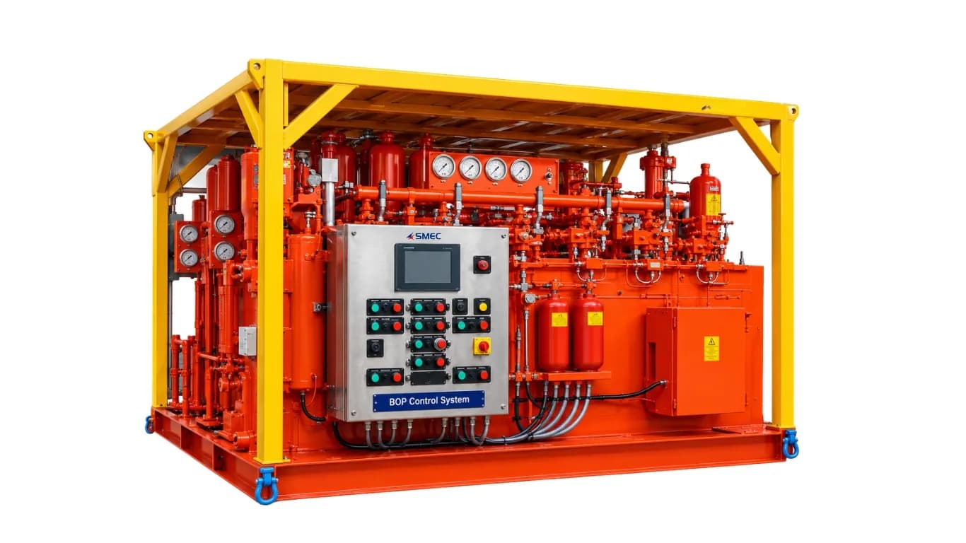 A red BOP control unit inside a yellow lifting frame, with an SMEC control panel and gauges on its front