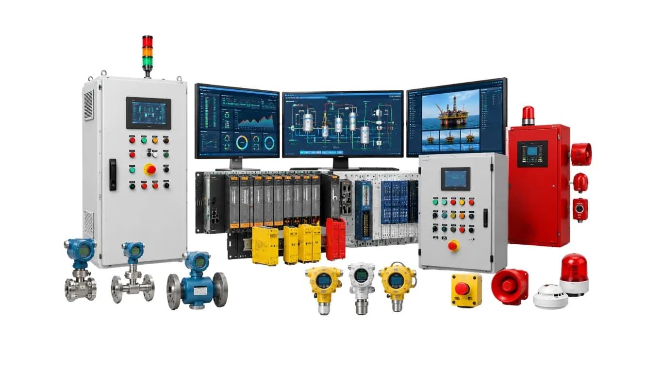 Control and safety equipment set out together: control panels, monitors with process graphics, PLC racks, field transmitters, gas detectors and alarm beacons