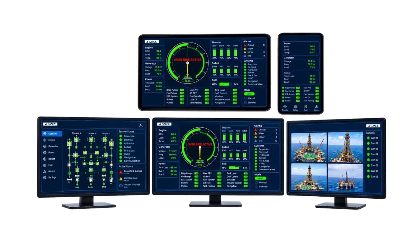 Four monitors showing DMS3000 drilling-monitoring screens: dial gauges, parameter lists, alarm panels and rig camera views