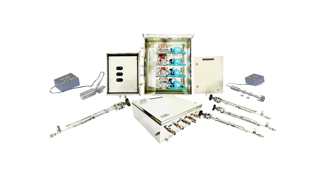 Flare ignition package parts laid out: an open ignition control panel, junction boxes, ignition probes and their cables