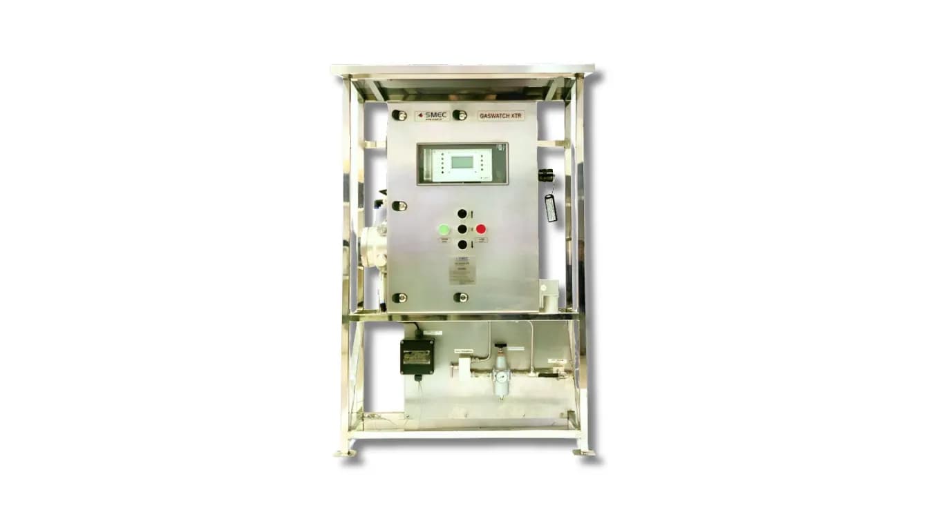 An SMEC Gas Watch panel: a stainless frame carrying a display unit, indicator lamps and gas sampling equipment