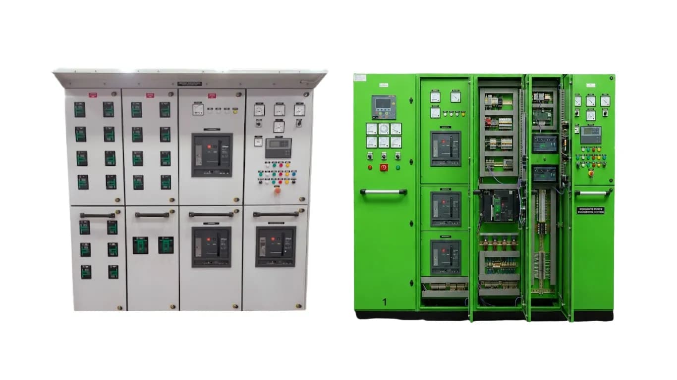 Two generator control switchboards, one grey and one green, fitted with breakers, meters and control modules