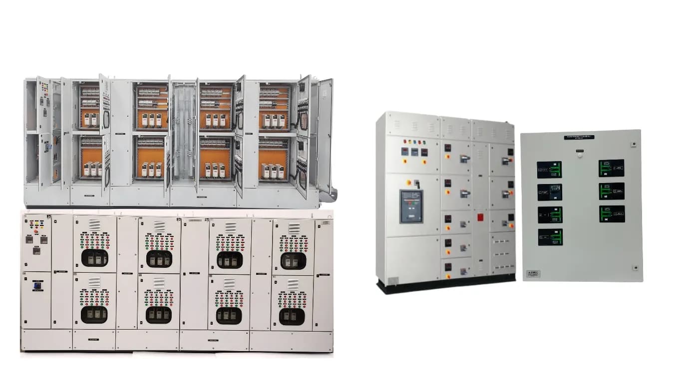 A motor control centre with open compartment doors beside two smaller distribution panels