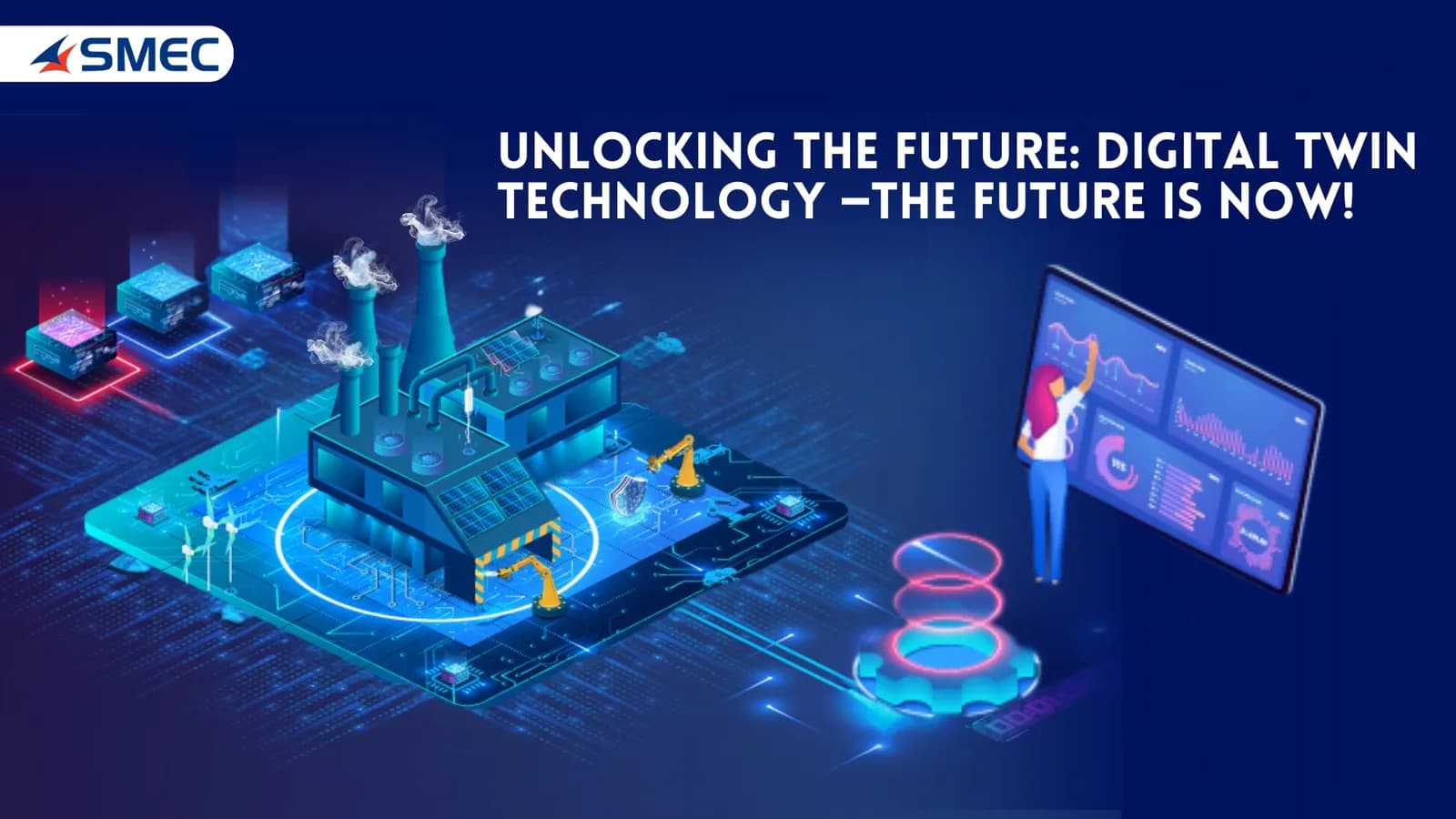 Illustration of a digital twin: a glowing model of a plant and an engineer at a data screen, titled “Unlocking the future: digital twin technology”