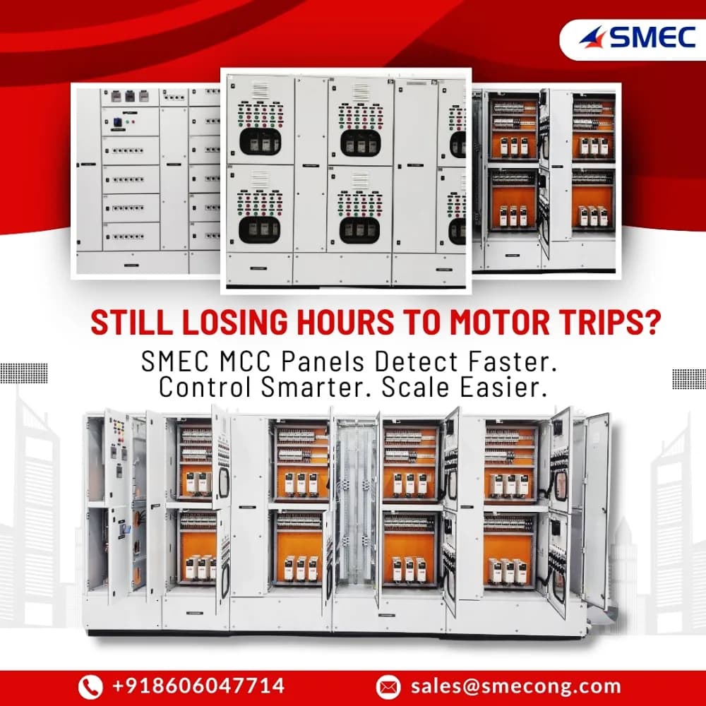 Rows of SMEC motor control centre panels under the line “Still losing hours to motor trips?”